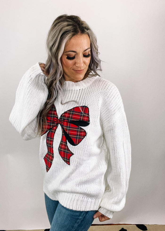 Holiday Plaid Bow Knit Sweater