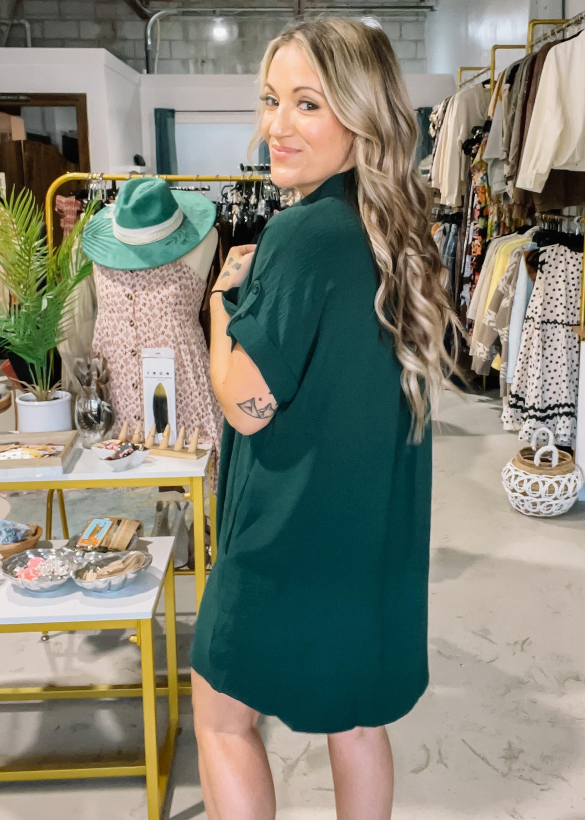 Green Drop Shoulder Button Down Shirt Dress