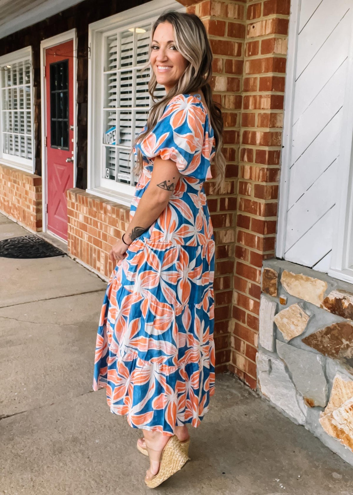 Blue and Peach Floral Puff Sleeve Maxi