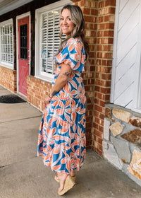 Blue and Peach Floral Puff Sleeve Maxi