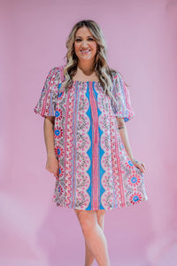 Blue and Pink Printed Mini Dress