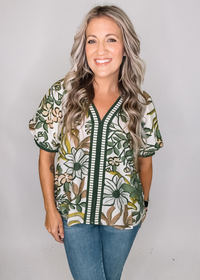 Olive Floral Puff Sleeve Top