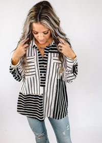 Black and White Textured Stripe Button Down Shirt