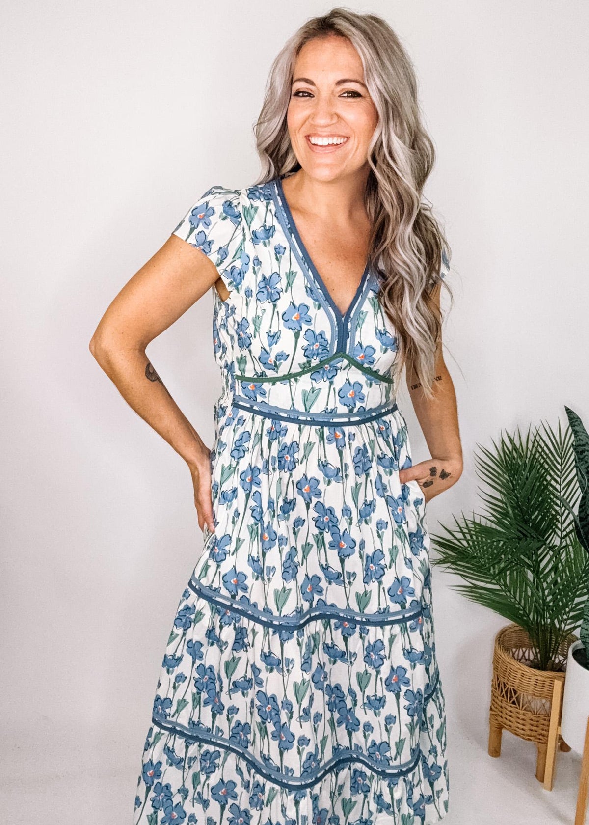 Artistic Floral Tiered Dress with Contrast Trim