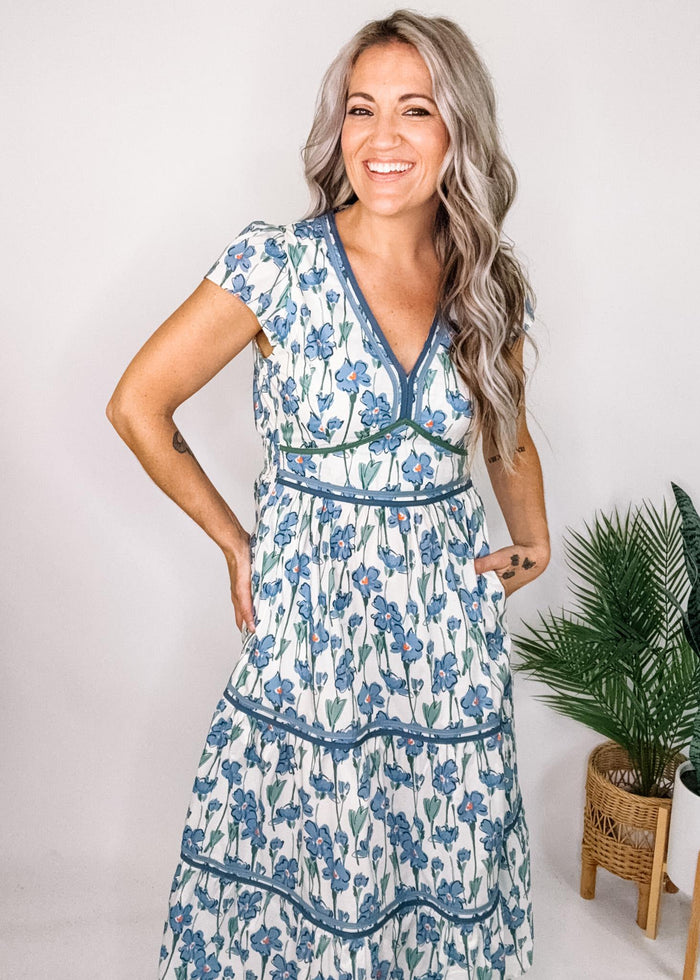 Artistic Floral Tiered Dress with Contrast Trim