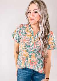 Aqua and Orange Floral Blouse