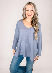 Slate Blue V Neck Knit Sweater