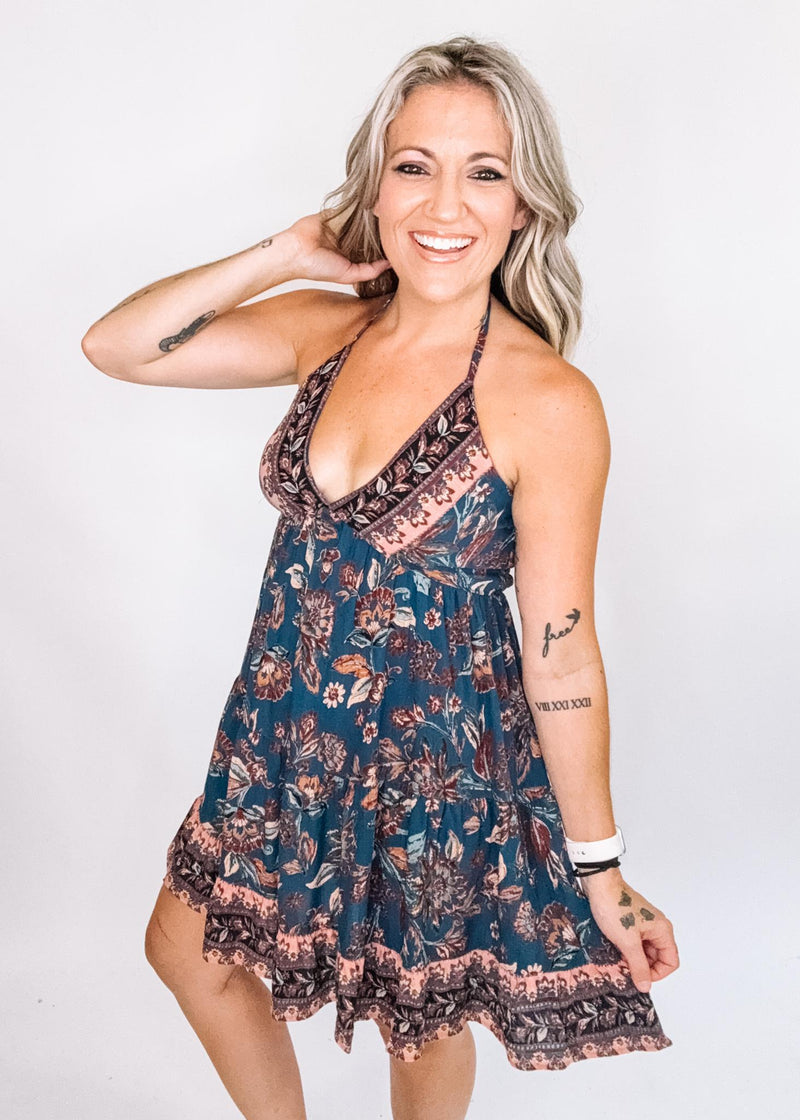 Slate and Coral Floral Mini Dress