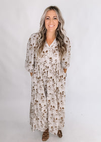Cream and Taupe Floral Chiffon Maxi Dress