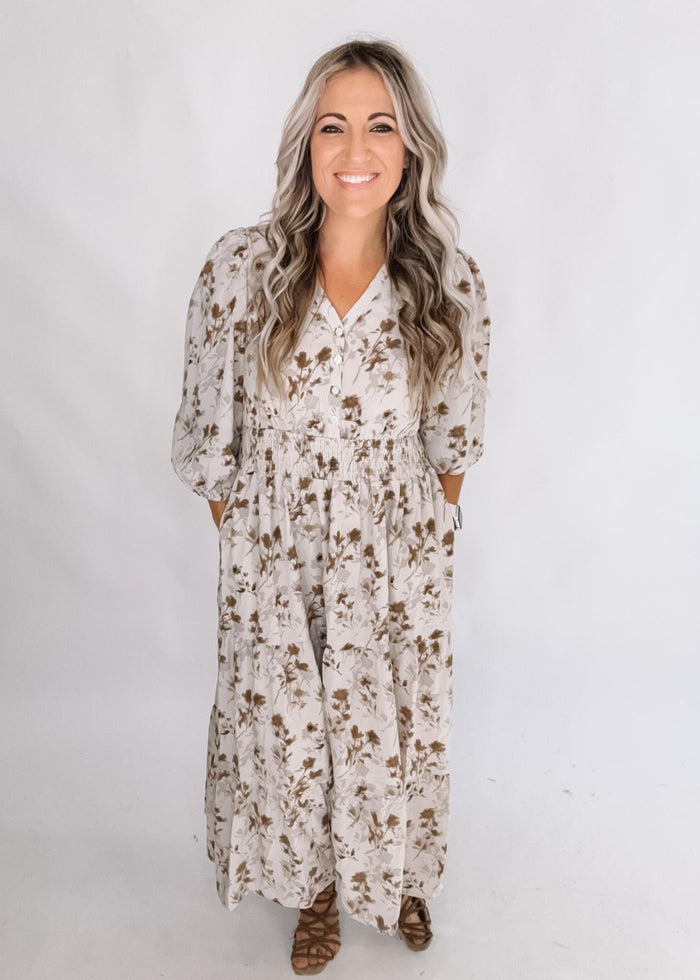 Cream and Taupe Floral Chiffon Maxi Dress