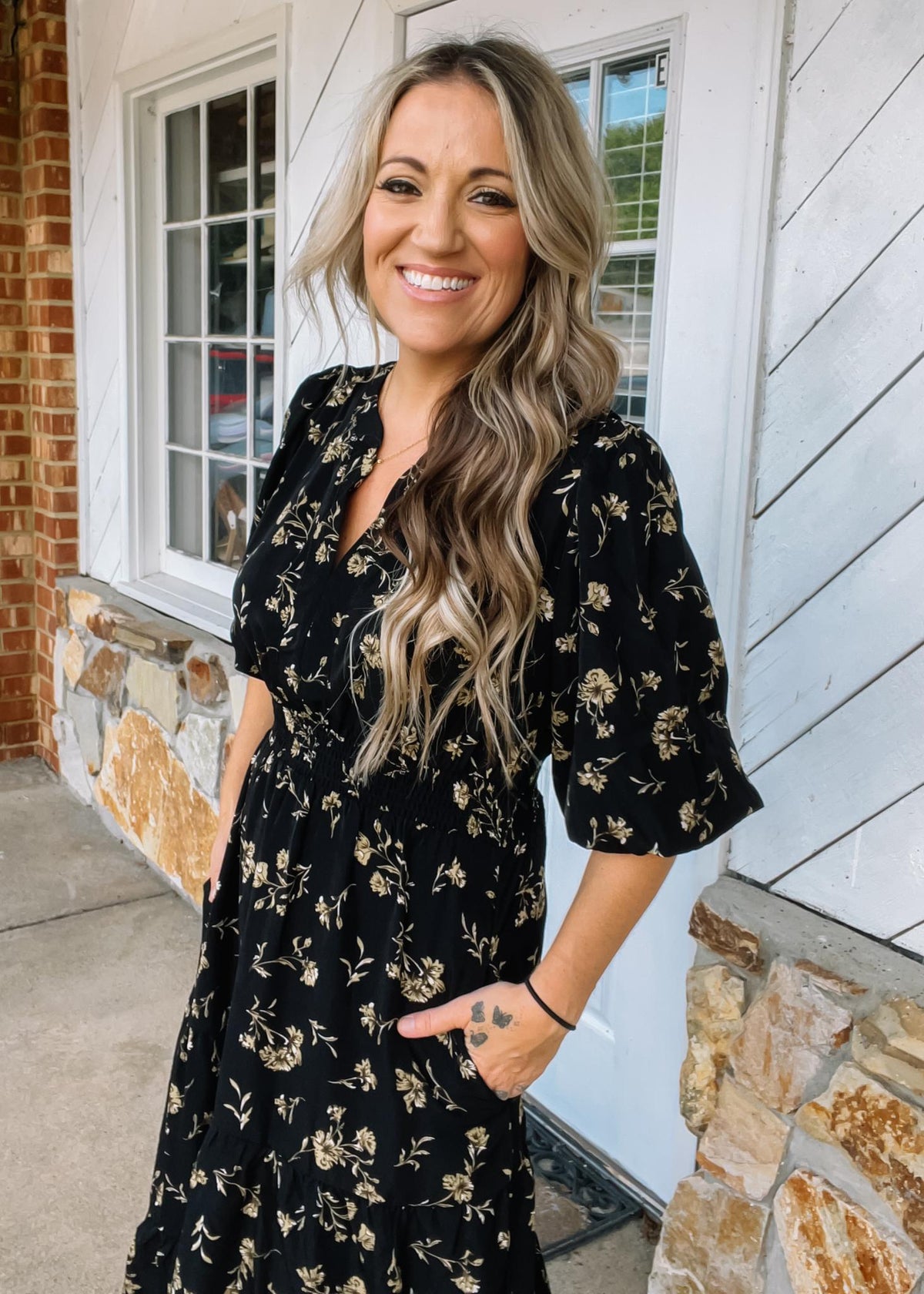 Black Floral 3/4 Sleeve Printed Maxi Dress