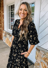 Black Floral 3/4 Sleeve Printed Maxi Dress