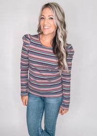 Puffed Long Sleeve Mocha Purple Striped Top