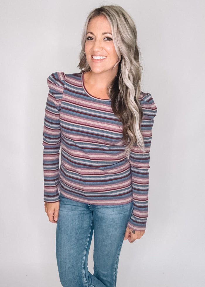 Puffed Long Sleeve Mocha Purple Striped Top