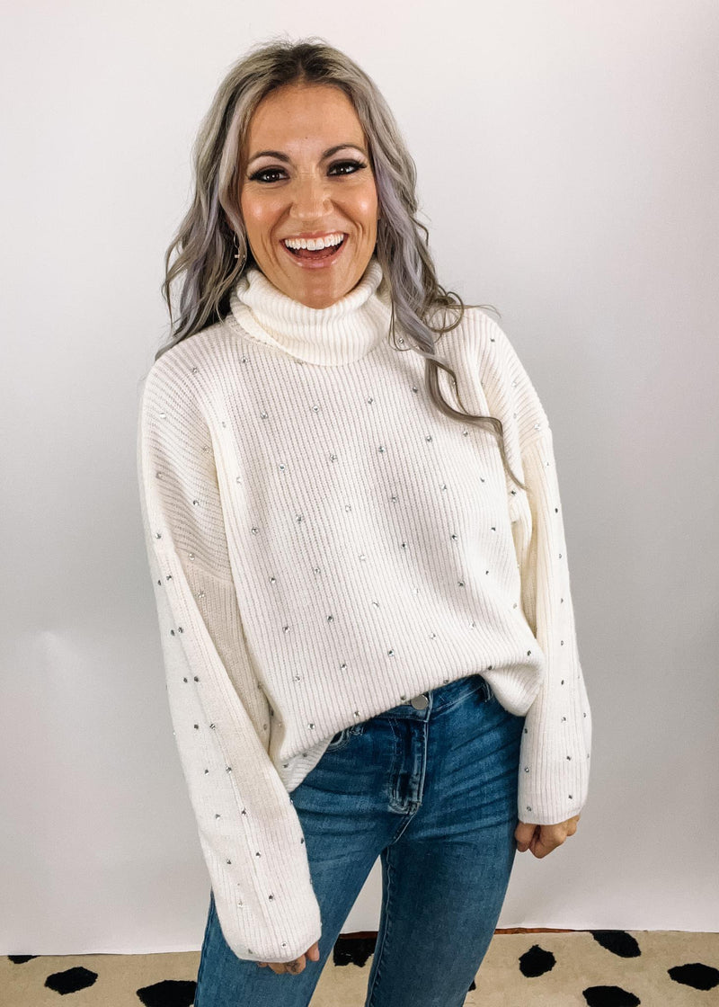 Ivory and Rhinestone Turtleneck Sweater