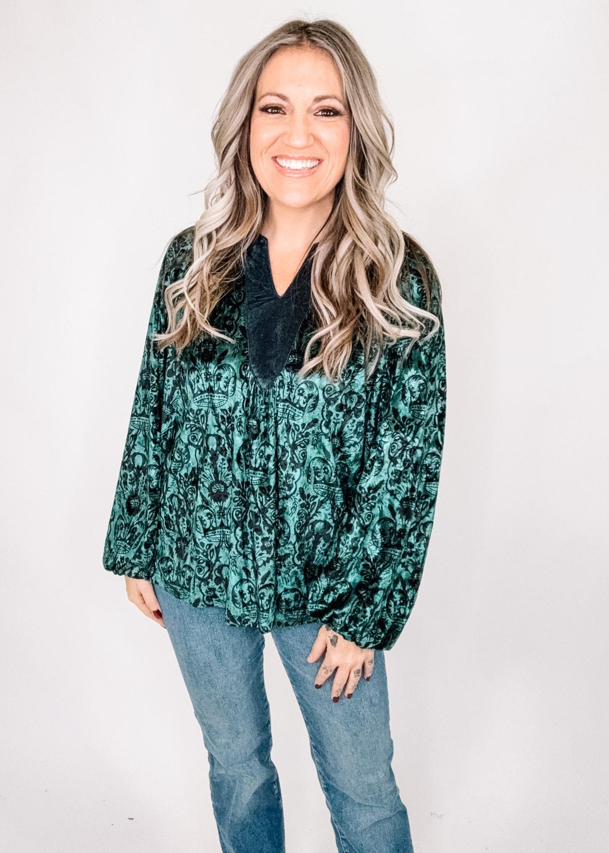 Green and Black Velvet Damask Top