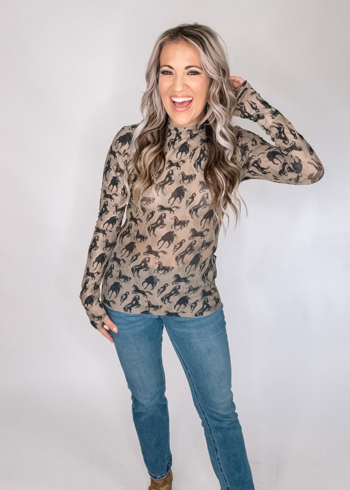 Mesh Western Horse Mock Neck Top