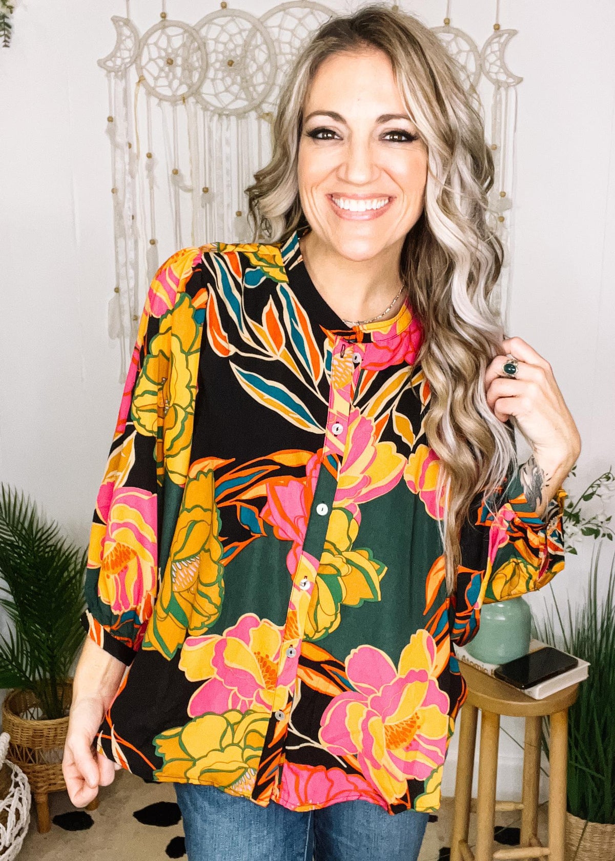 Floral Band Collar Button Down Blouse