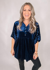Navy Velvet Pearl Sleeve Tunic