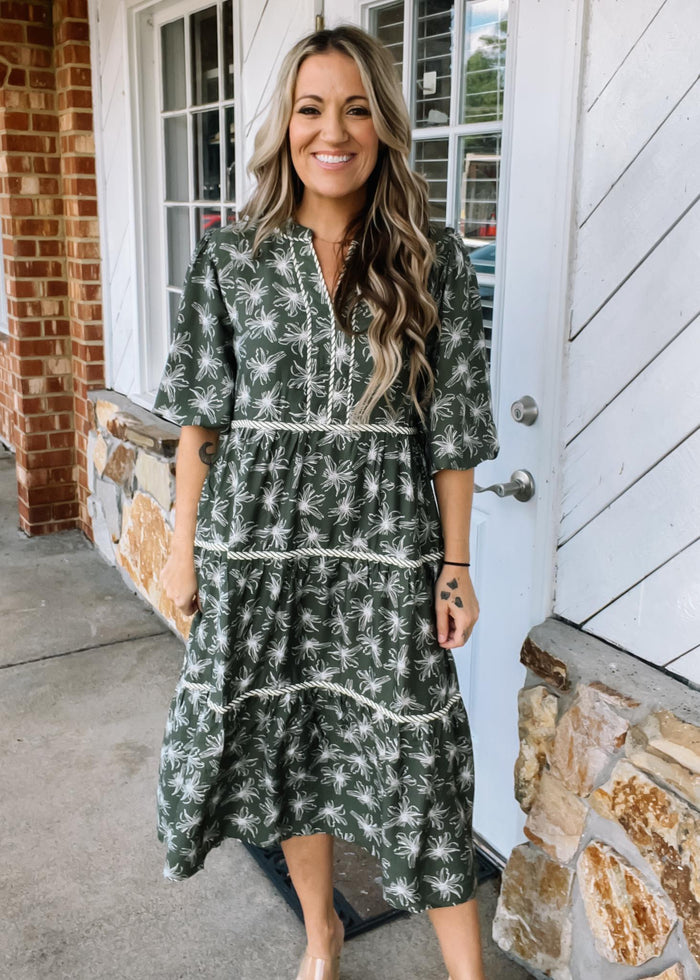 Olive Midi Dress with Contrast Binding