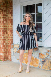 Off Shoulder Embroidered Stripe Mini Dress