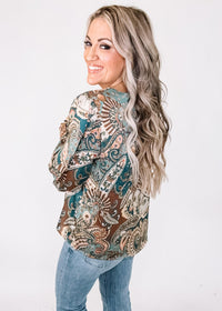 Teal Paisley Print Long Sleeve Top