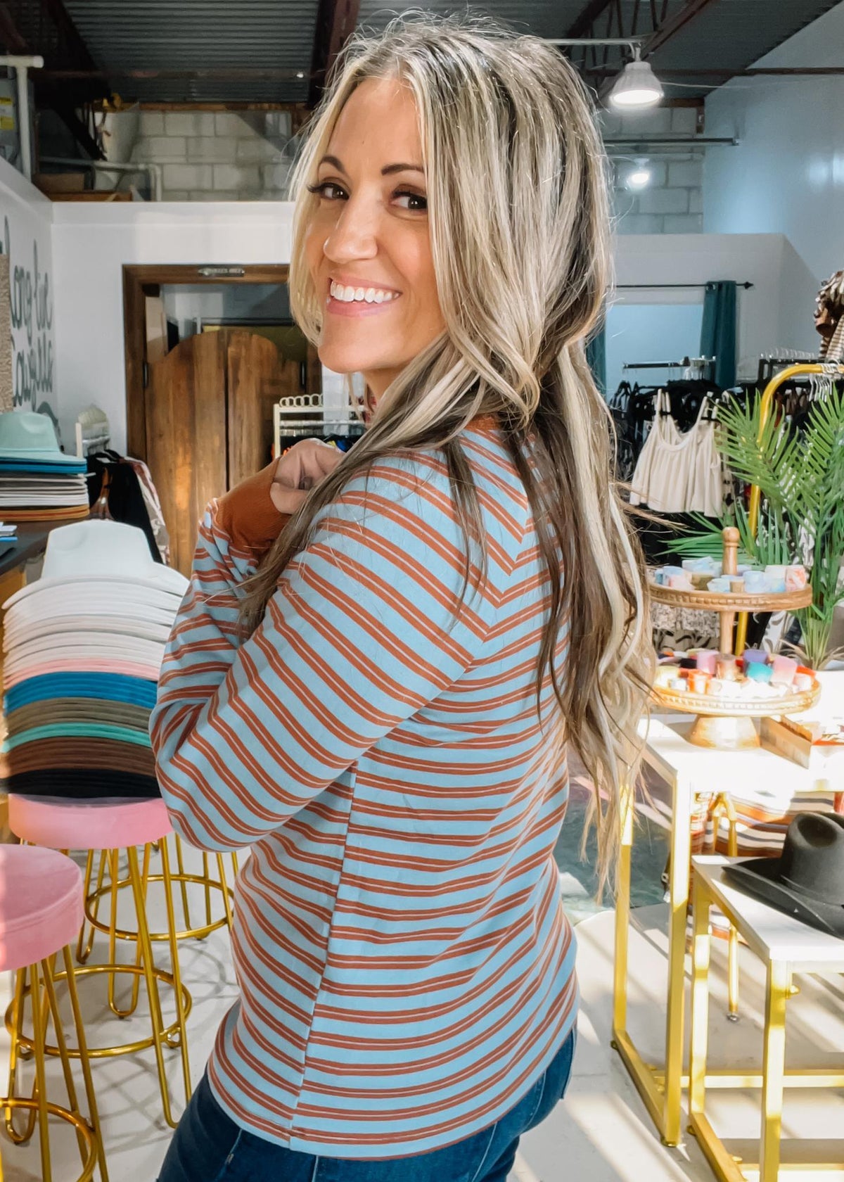 Blue and Copper Stripe Long Sleeve Top