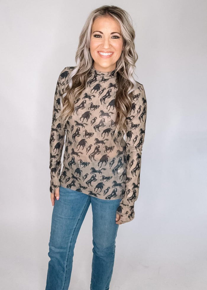 Mesh Western Horse Mock Neck Top