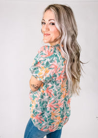 Aqua and Orange Floral Blouse