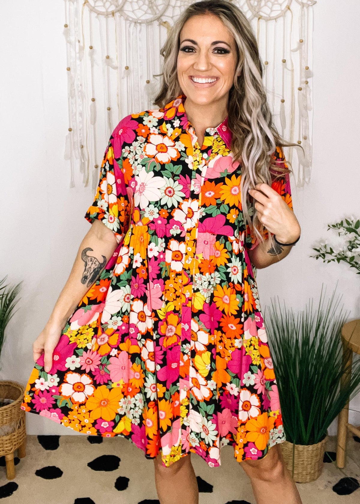 Retro Floral Collared Babydoll Dress