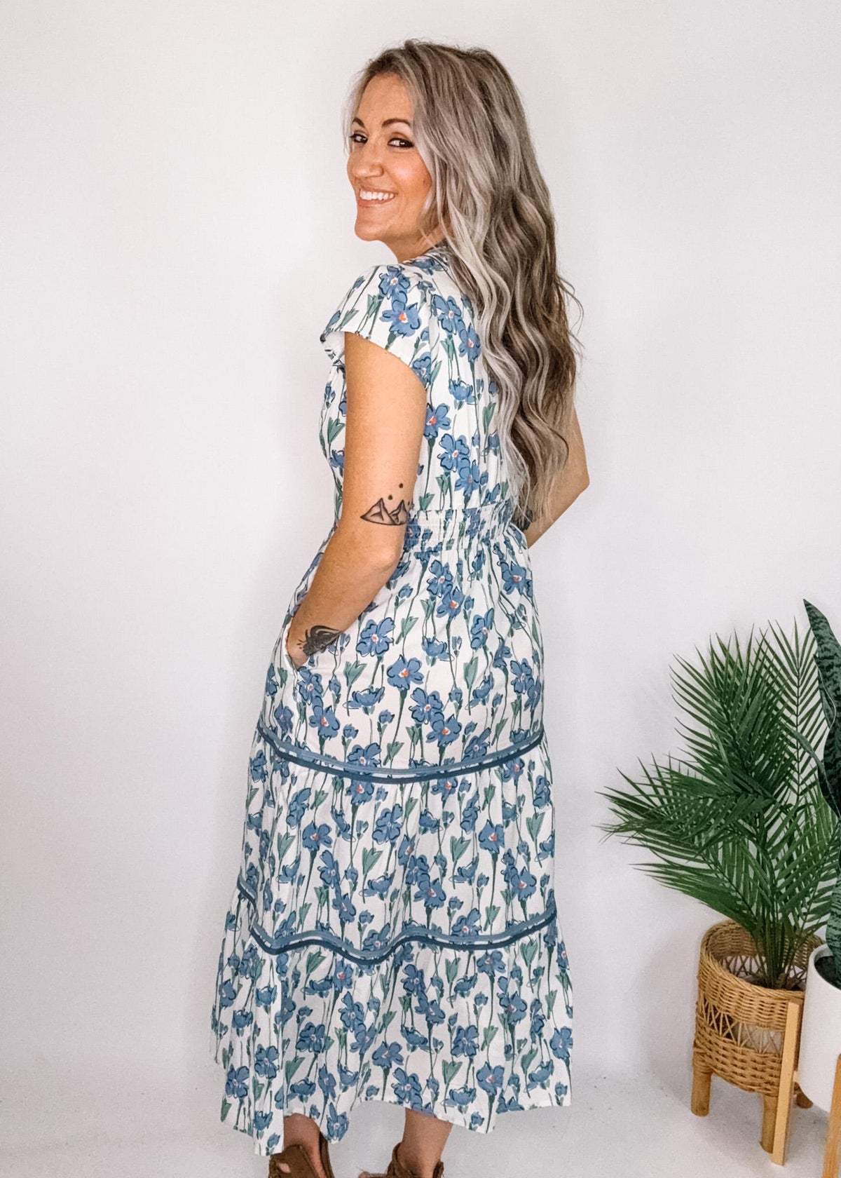 Artistic Floral Tiered Dress with Contrast Trim