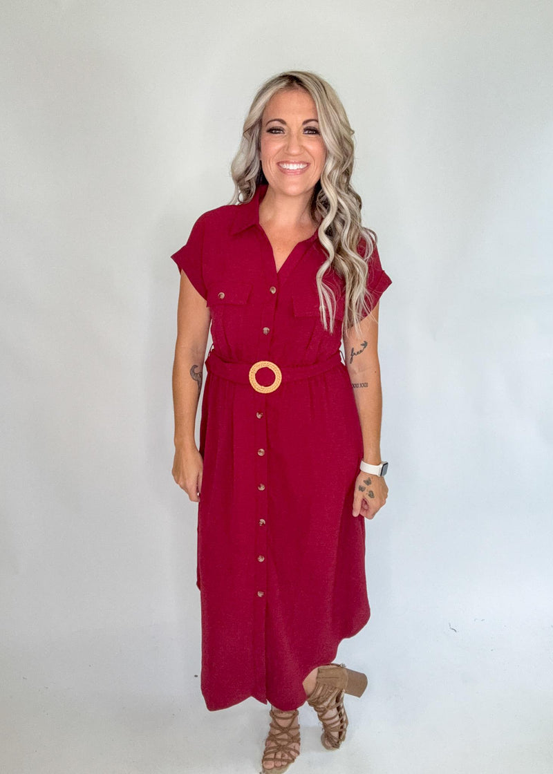 Burgundy Collared Button Down Belted Midi Dress