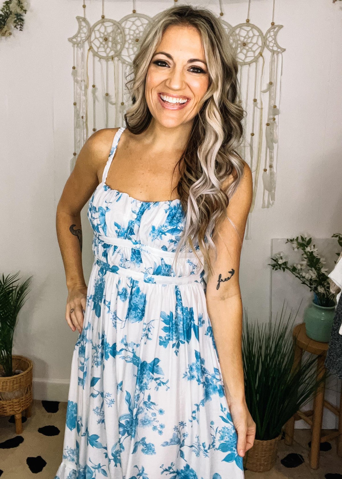 Chanille Blue and Ivory Floral Midi Dress
