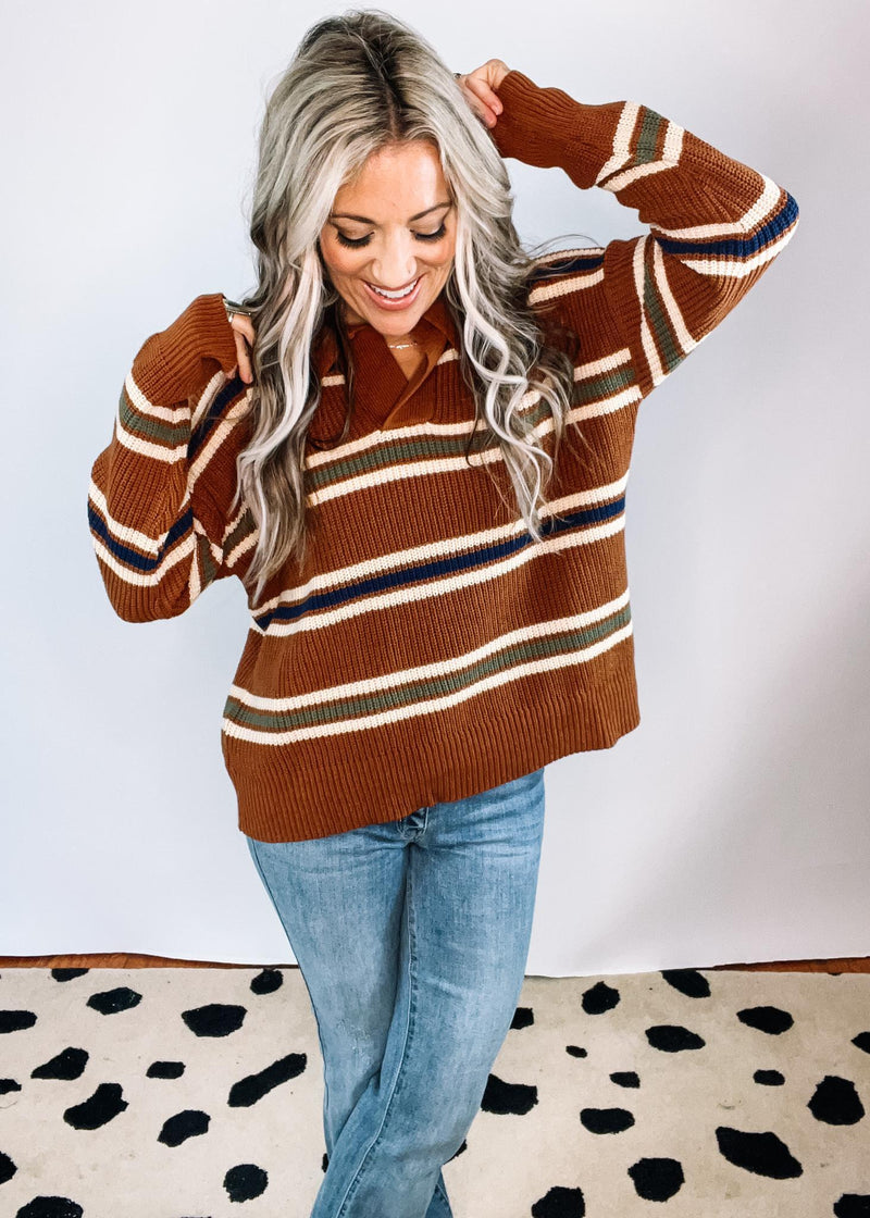 Brown Stripe Collar Knit Sweater