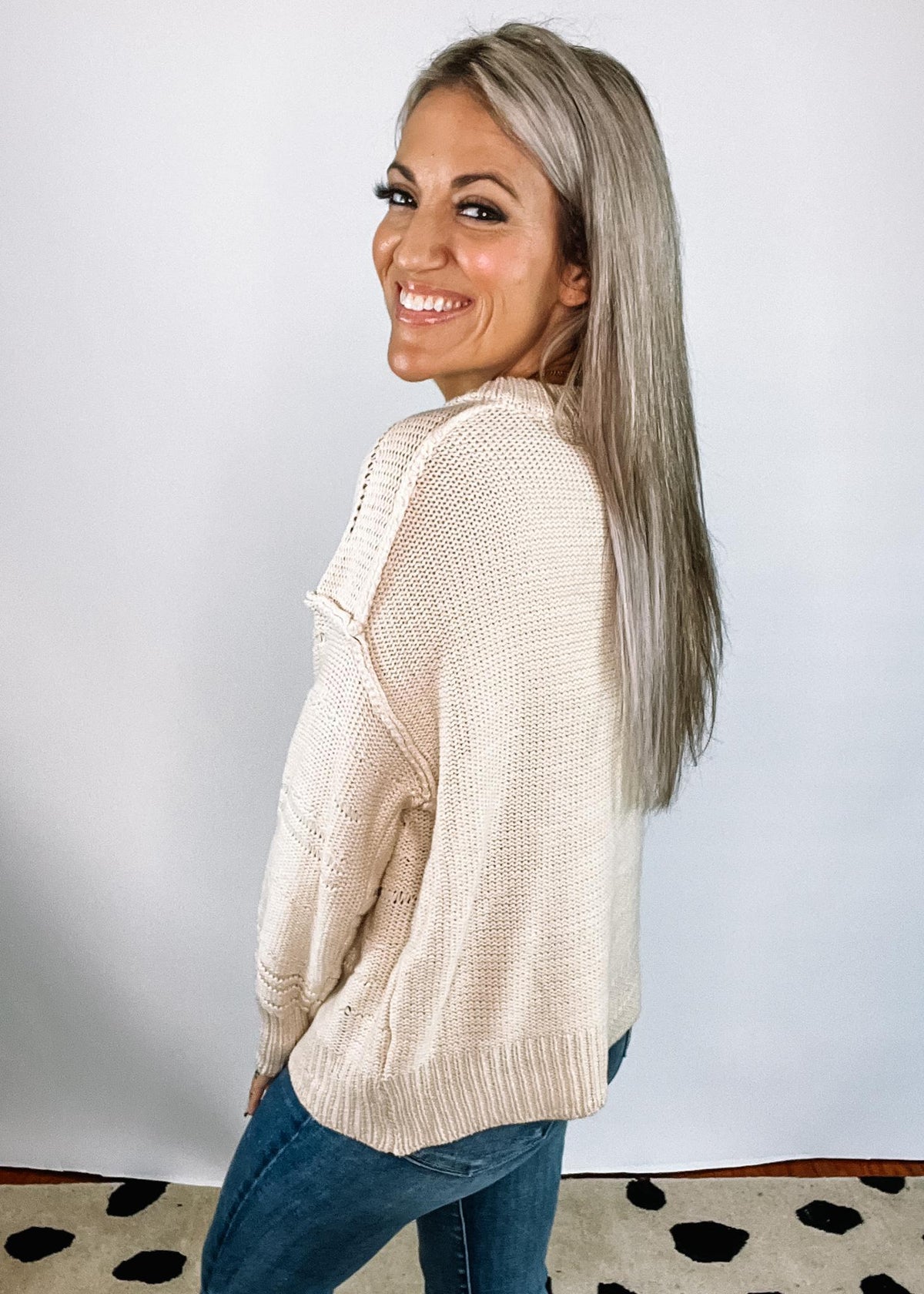 Classic Cream Distressed V Neck Pullover