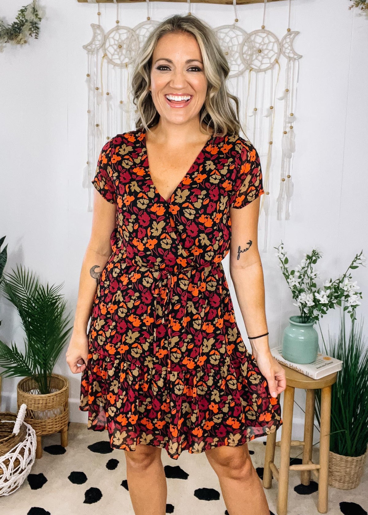Betty Black Floral Faux Wrap Ruffle Hem Dress