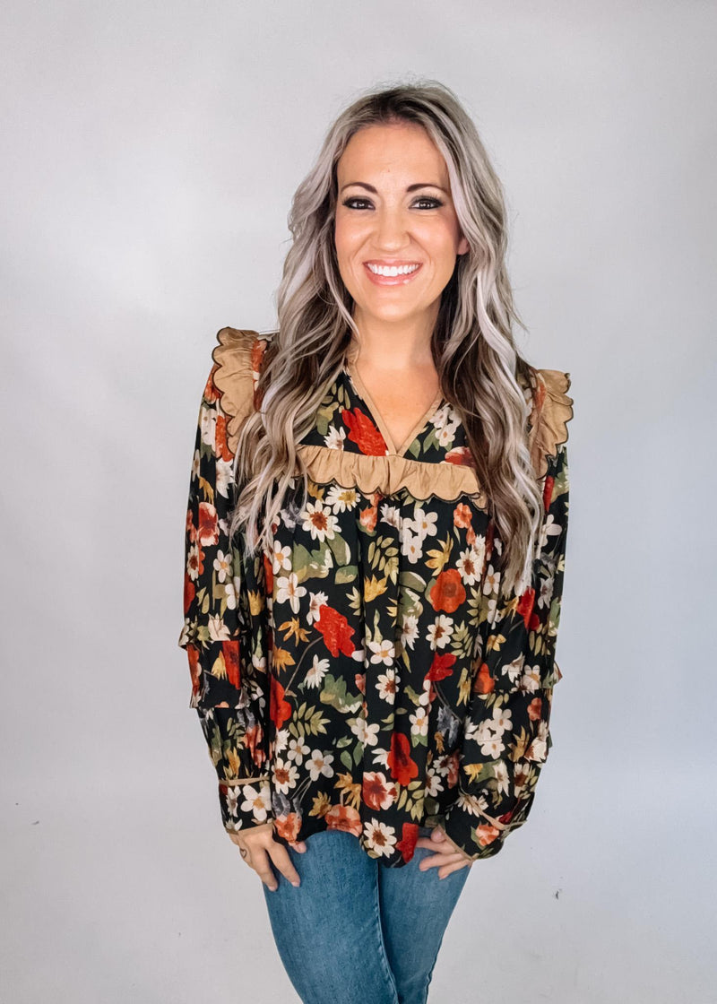 Floral Ruffle Trim Blouse