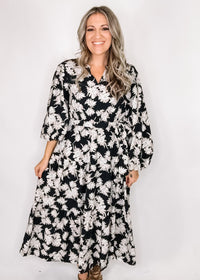 Jody Black Dress with White and Taupe Flowers