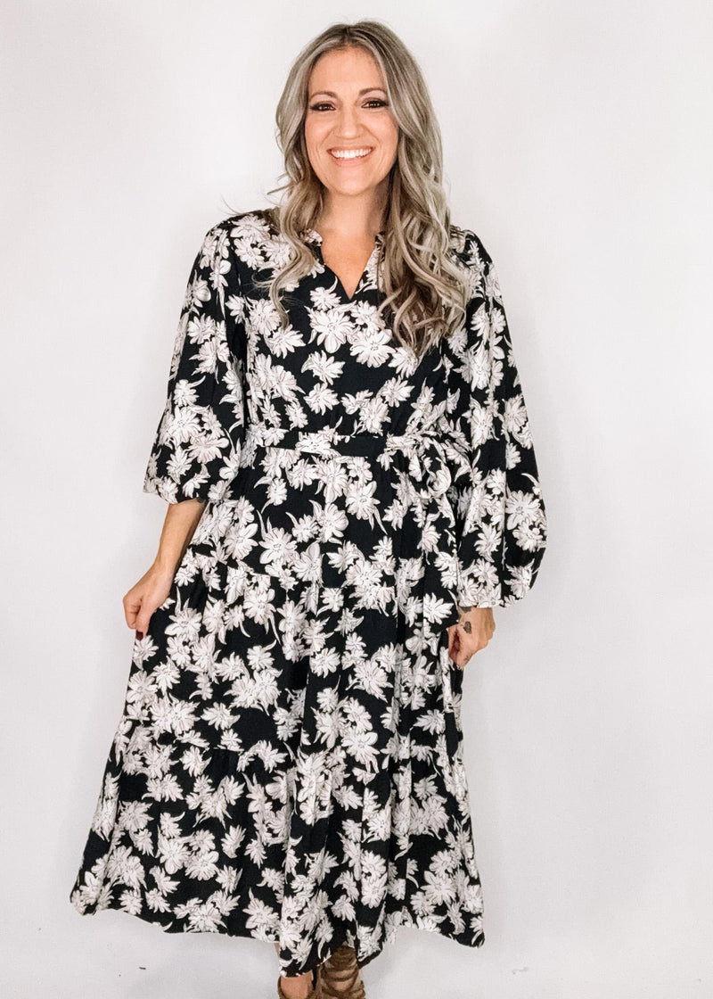 Jody Black Dress with White and Taupe Flowers