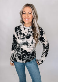 Mock Neck Long Sleeve Asymmetrical Floral Top