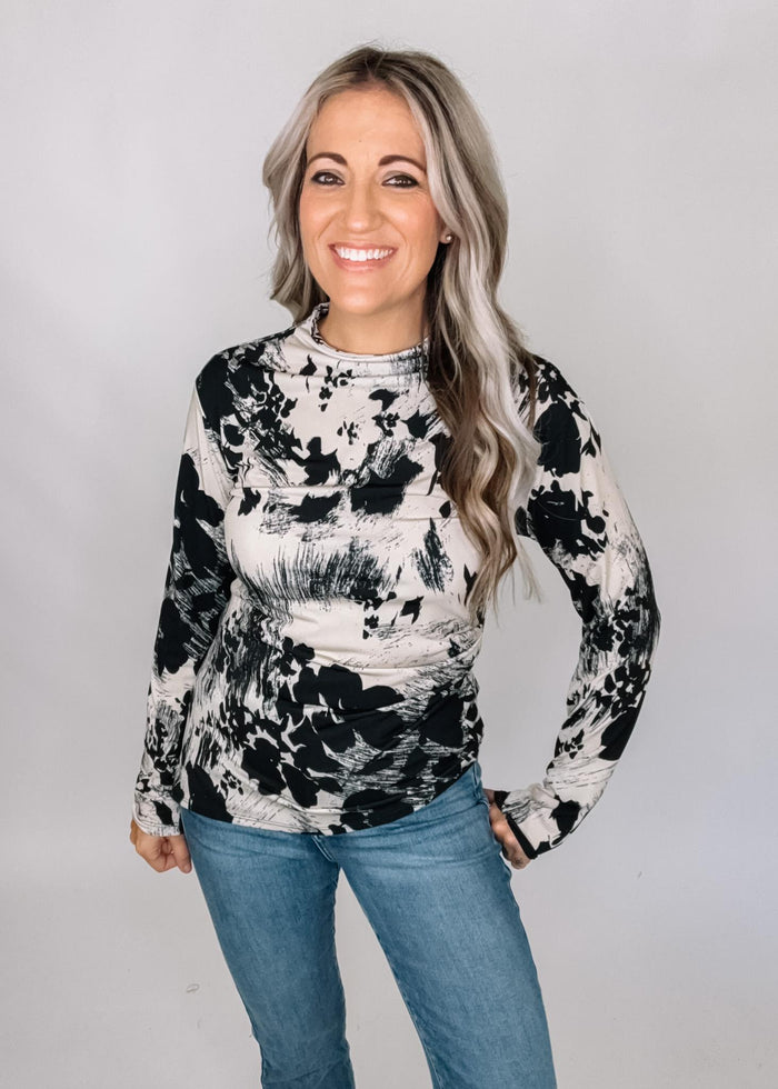 Mock Neck Long Sleeve Asymmetrical Floral Top
