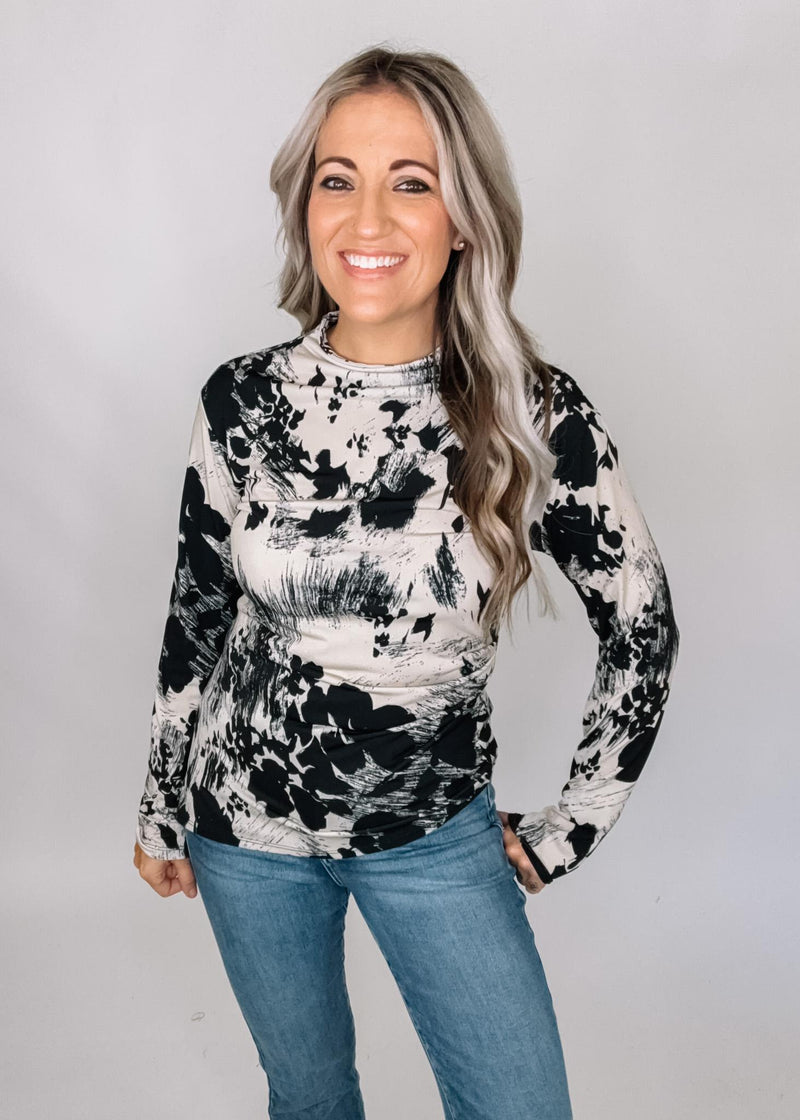 Mock Neck Long Sleeve Asymmetrical Floral Top