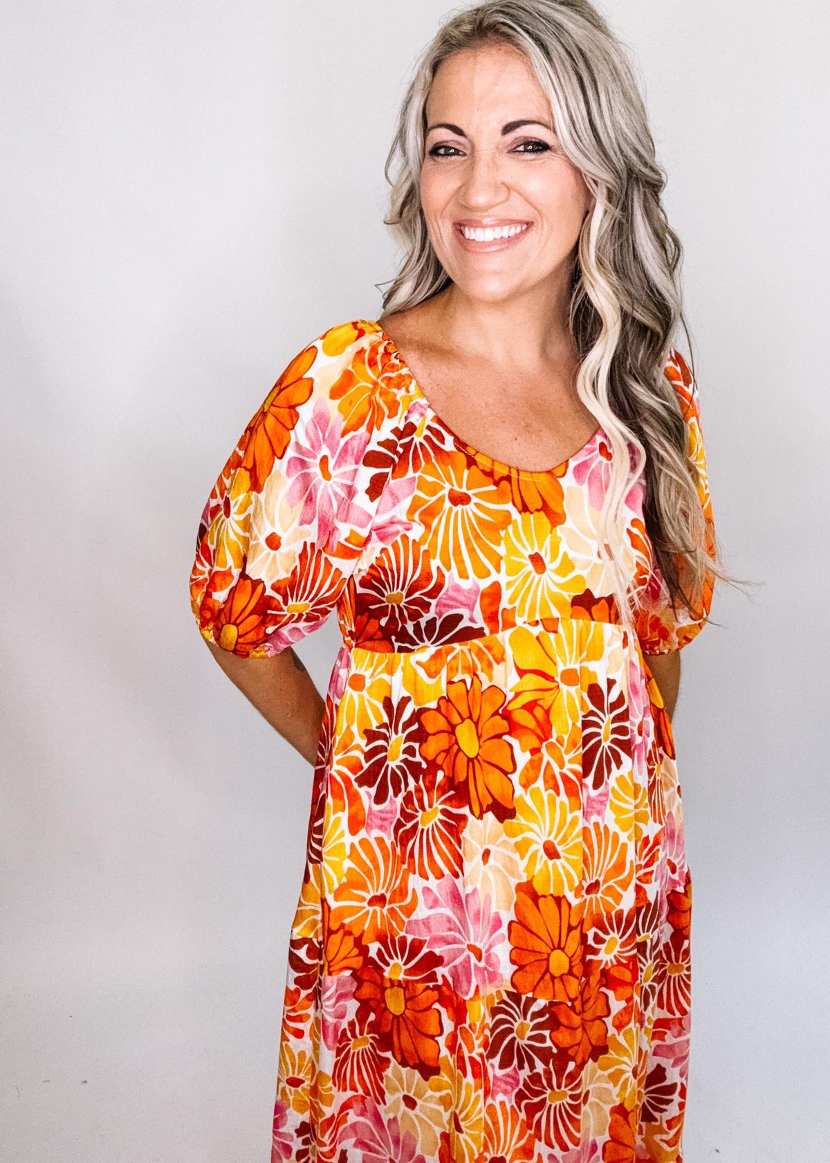 Orange Multi Flower Tiered Dress