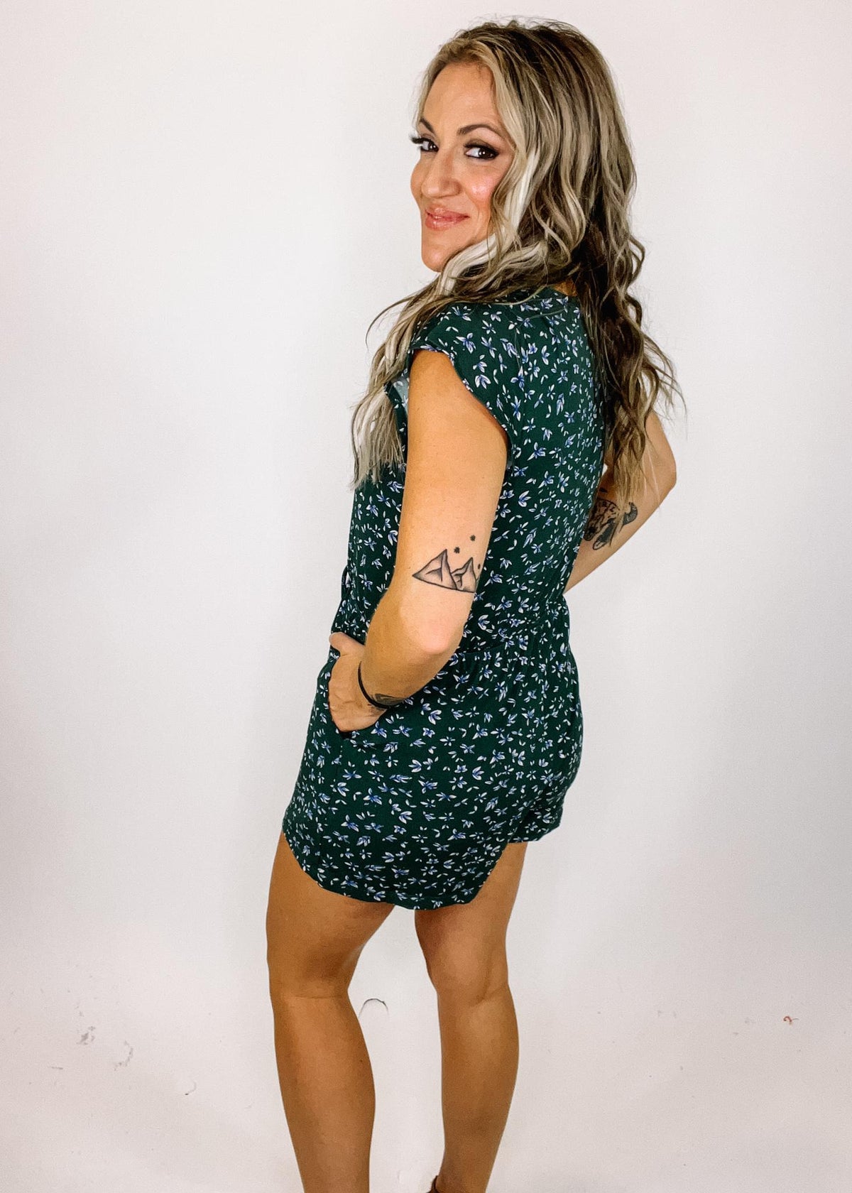 Green with Blue Floral Romper The Teal Eagle Boutique Green with Blue Floral Romper The Teal Eagle Boutique