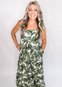 Green Leaf Print Linen Midi Dress