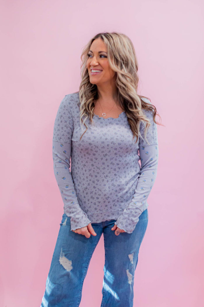 Grey Ditsy Floral Long Sleeve Top
