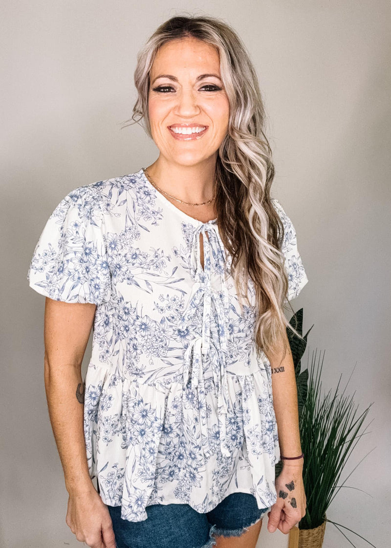 Front Ribbon Babydoll Puff Sleeve Blouse