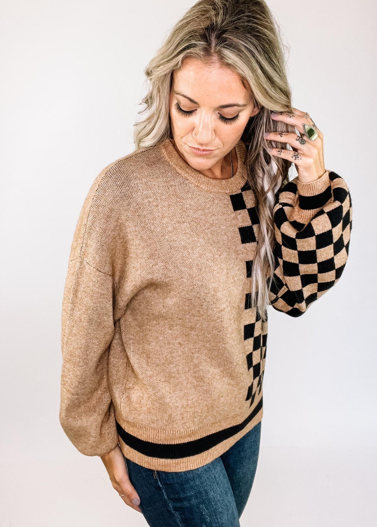 Khaki and Checkerboard Crew Neck Sweater