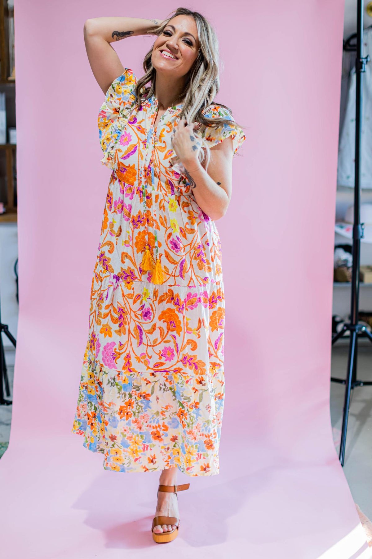 Orange and Pink Printed Midi Dress