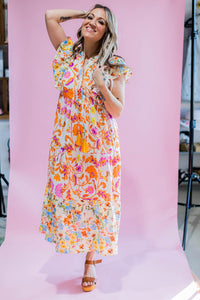 Orange and Pink Printed Midi Dress